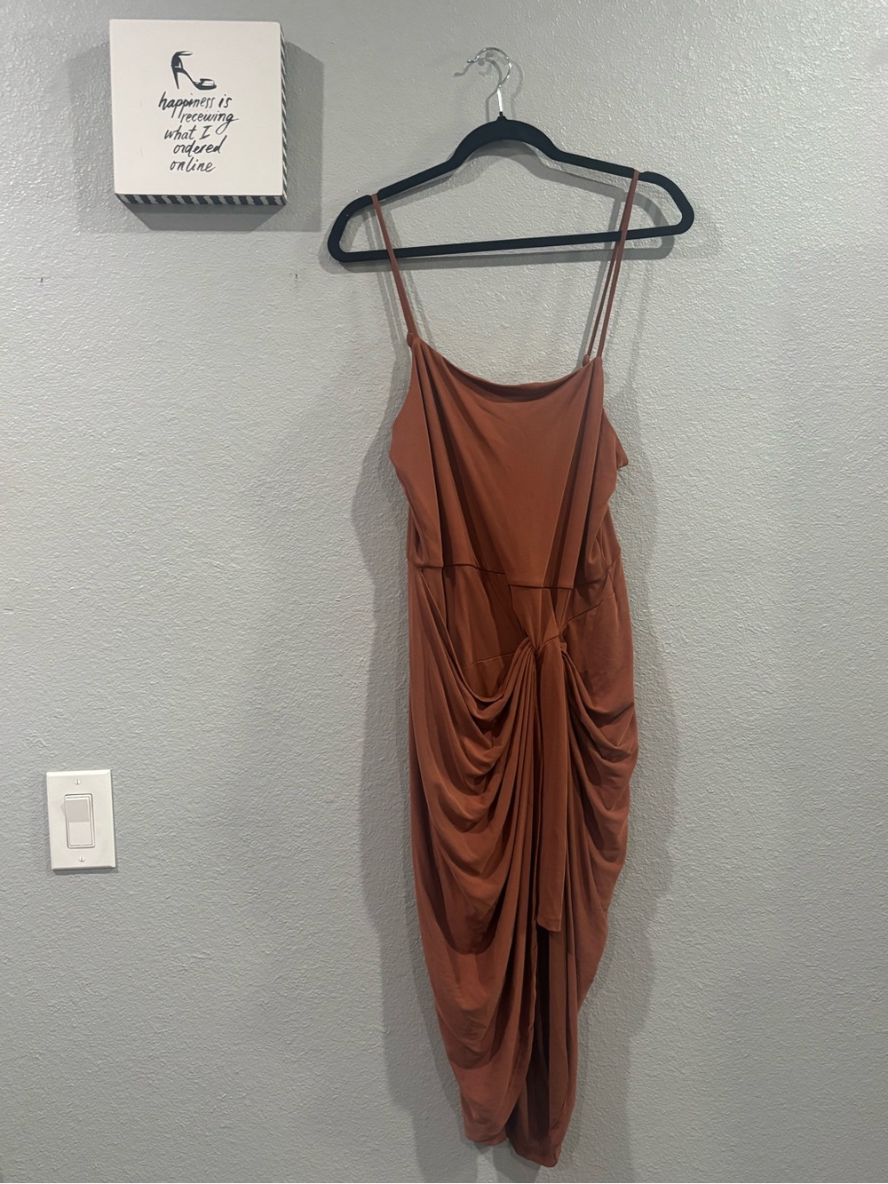 Draped Spaghetti-Strap Dress in a Brown Rust